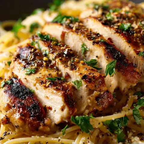 A plate of food with chicken and pasta.