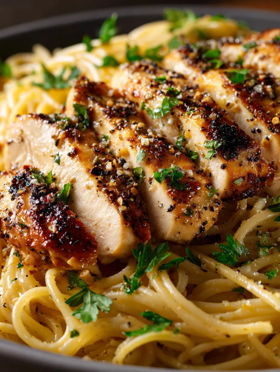 A plate of spaghetti with chicken and herbs.