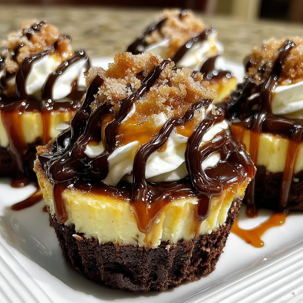 Chocolate and caramel topped desserts on a plate.