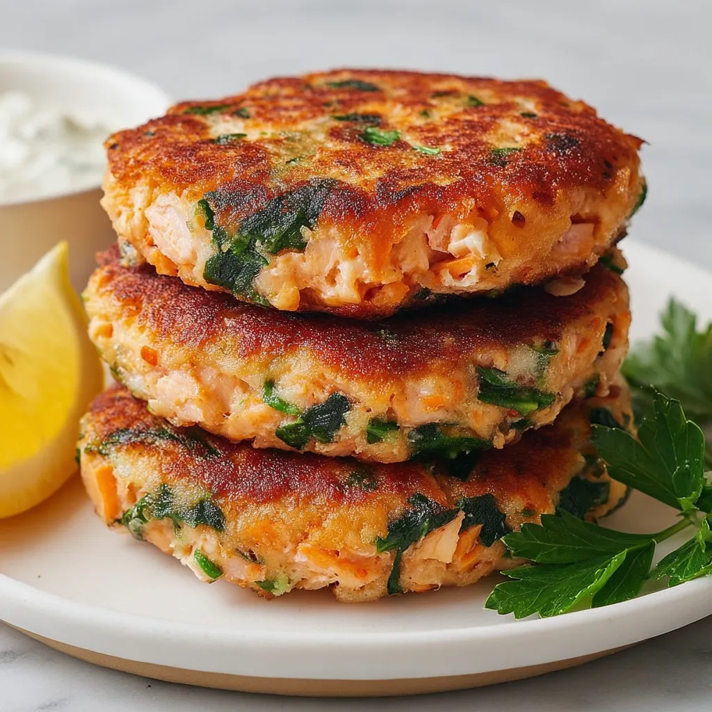 Three stacked patties with greens on top.