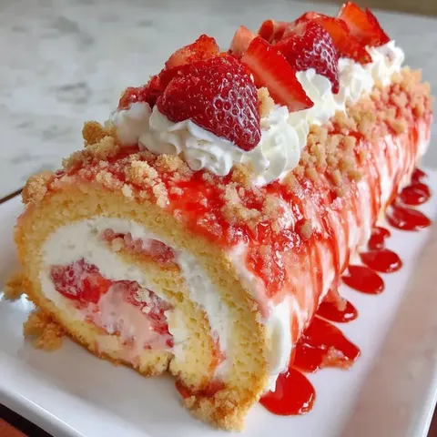 A cake with strawberries and whipped cream.