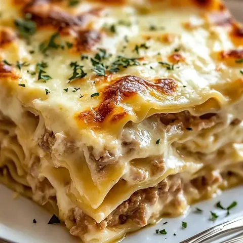 A stack of lasagna with cheese and meat.