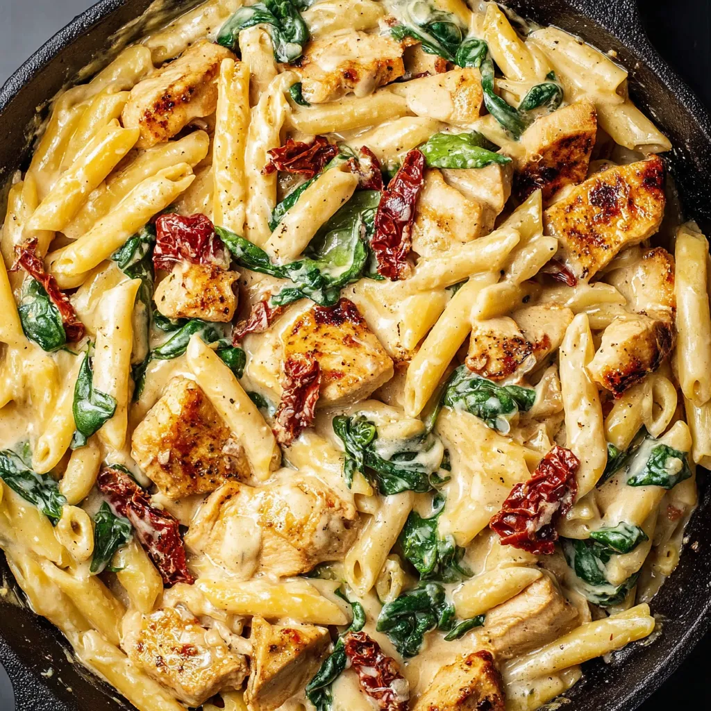 A pan of pasta with chicken and spinach.
