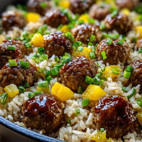A bowl of rice with meatballs and vegetables.