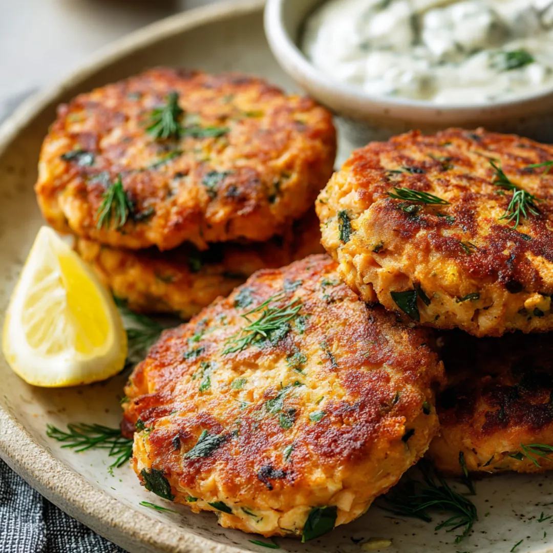 A plate of crab cakes with a bowl of sauce.