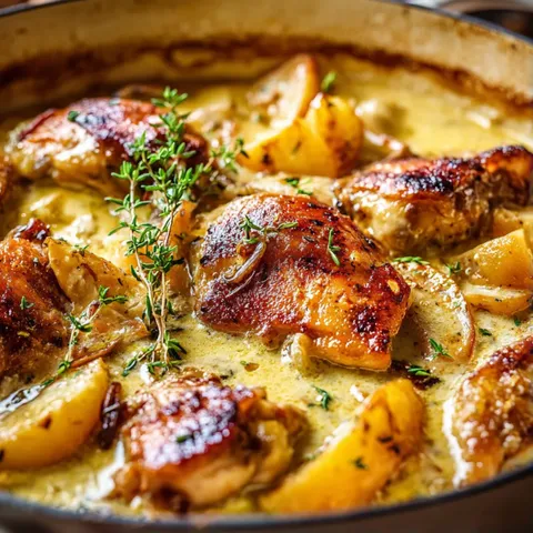 A bowl of chicken and potatoes.