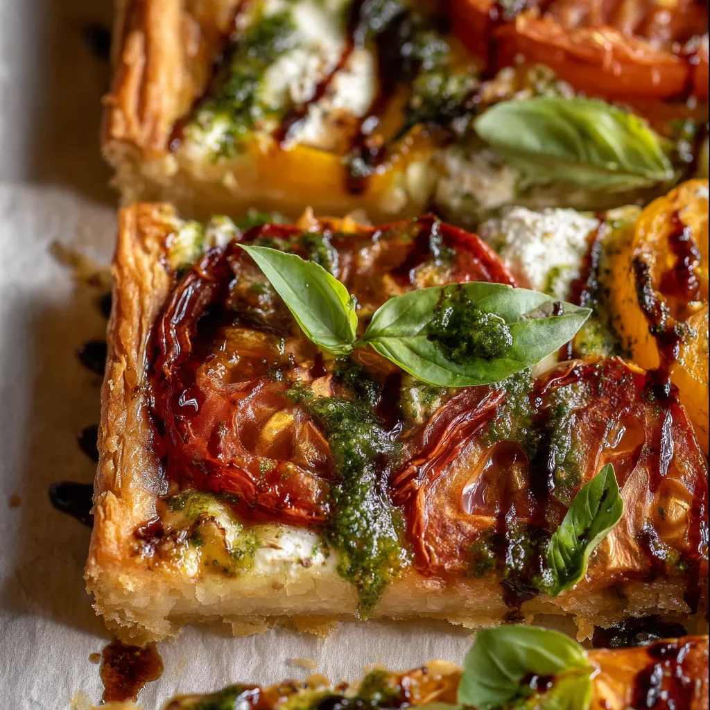 A slice of pizza with tomatoes and basil.