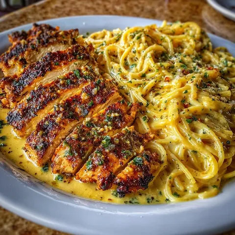 A plate of food with chicken and pasta.