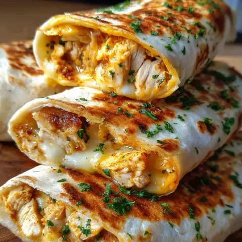 A stack of chicken wraps on a table.