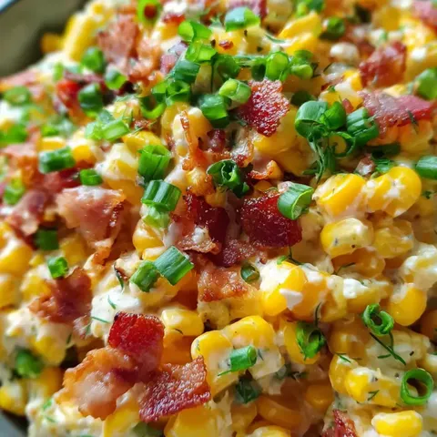 A bowl of food with bacon and corn.