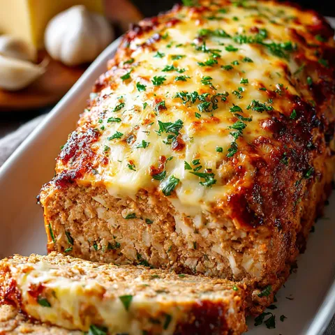 A slice of meatloaf with cheese and herbs.