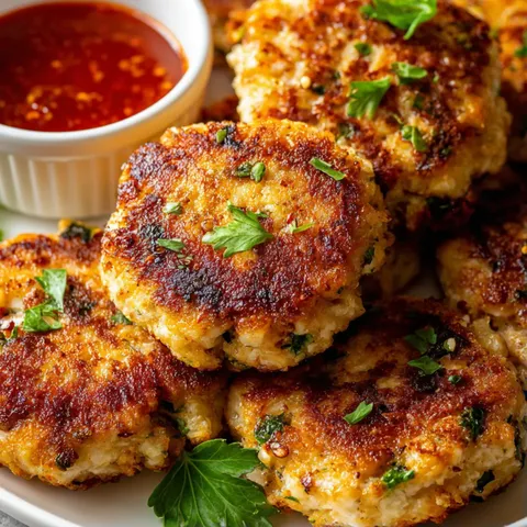 A plate of crab cakes with a dipping sauce.