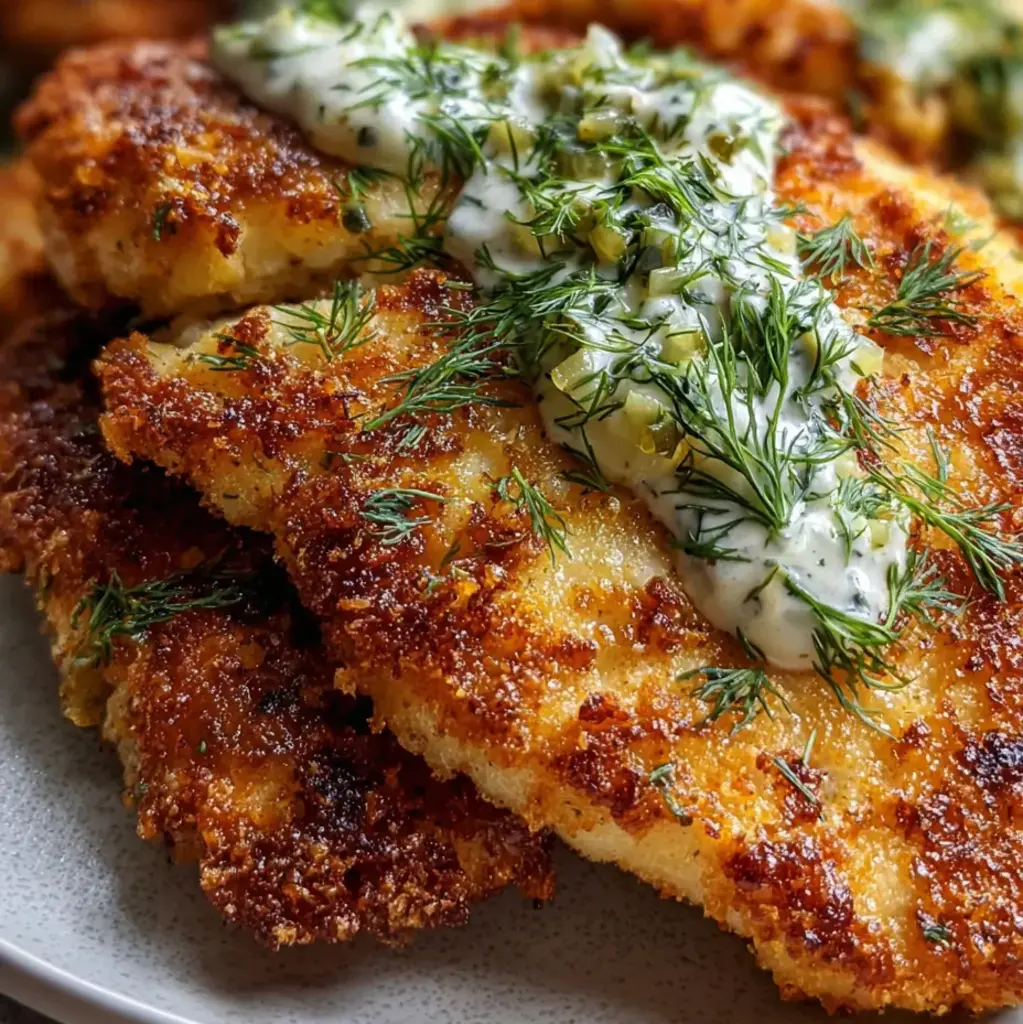 A plate of breaded meat with a white sauce on top.