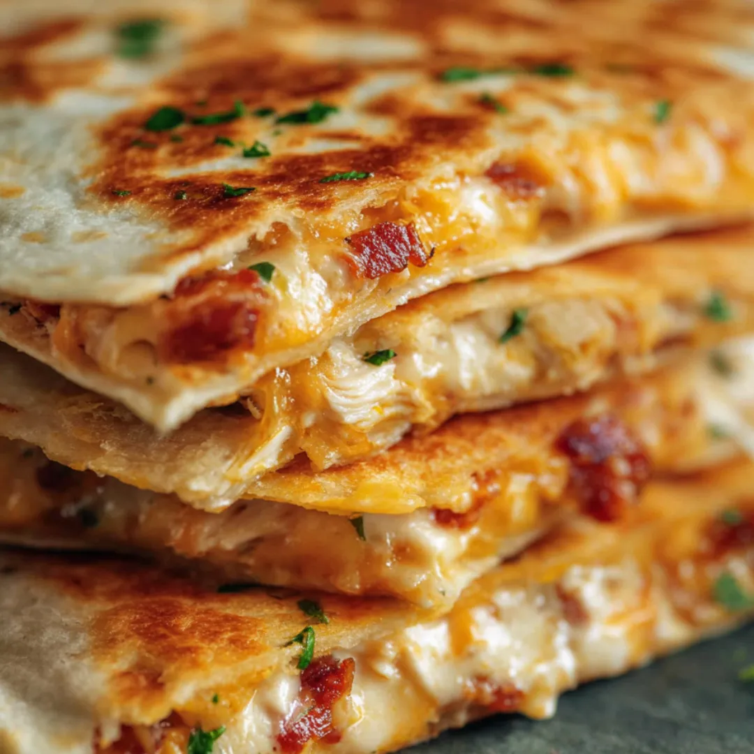 A stack of quesadillas with cheese and bacon.