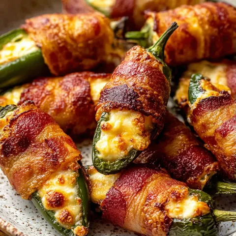 Bacon wrapped peppers on a plate.
