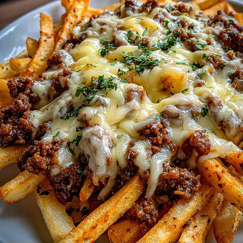 A plate of french fries with cheese on top.