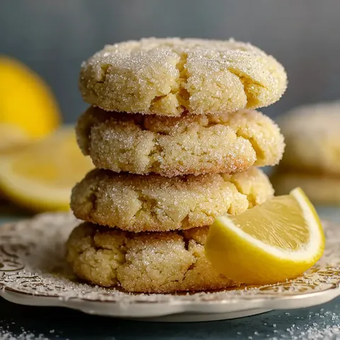 A stack of cookies with lemon wedges on top.