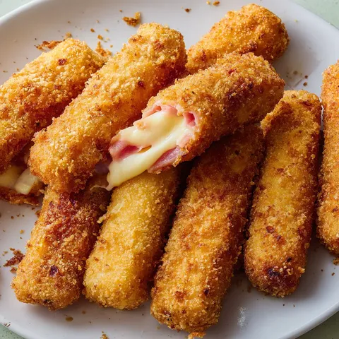 A plate of fried food with cheese and ham.
