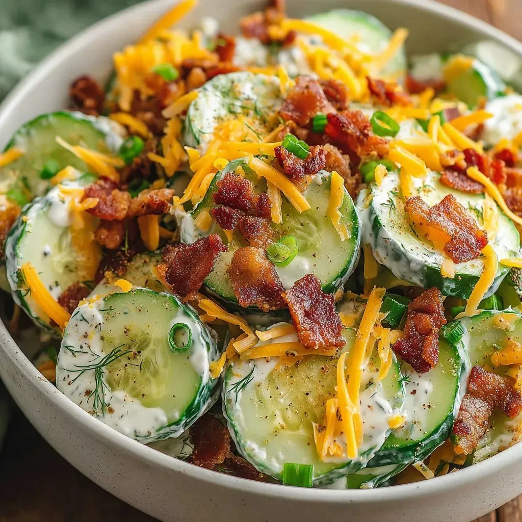 A bowl of food with bacon and cucumbers.
