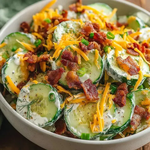 A bowl of food with bacon and cucumbers.