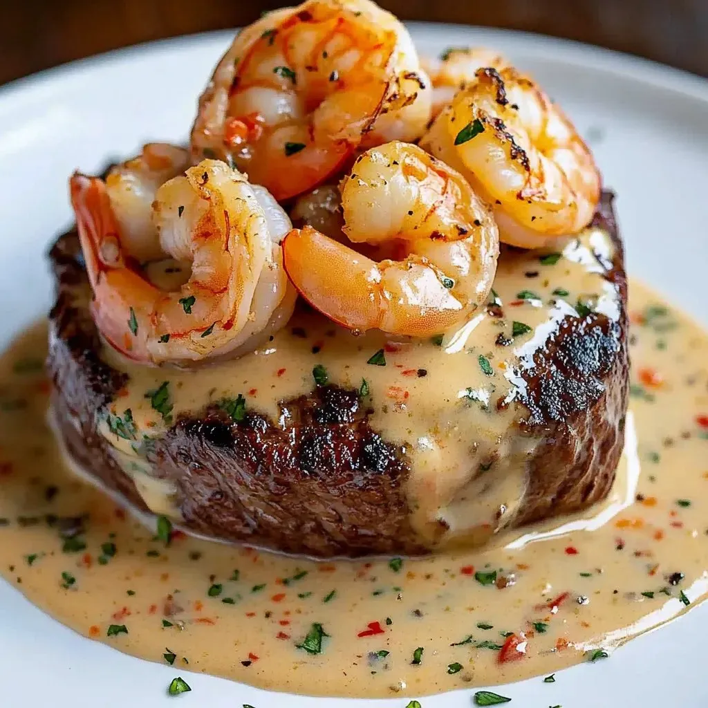 A plate of shrimp and steak with a white sauce.