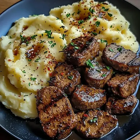A plate of meat and potatoes.
