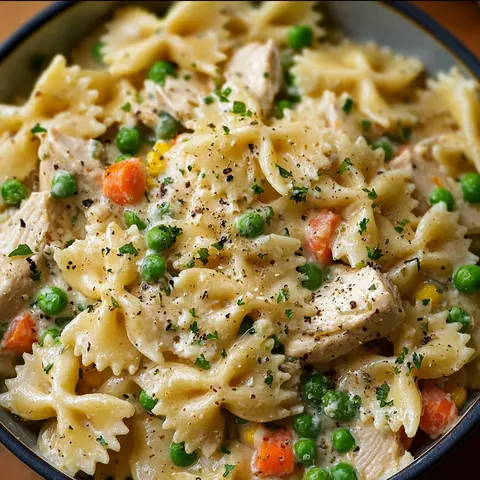A bowl of pasta with chicken and peas.