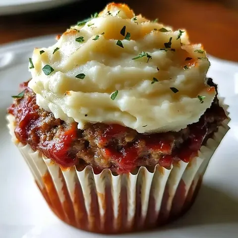 A cupcake with meat and potatoes on top.