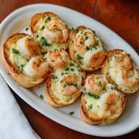 A plate of shrimp and cheese on toast.