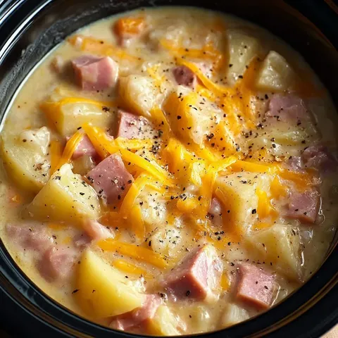 A bowl of soup with ham and potatoes.