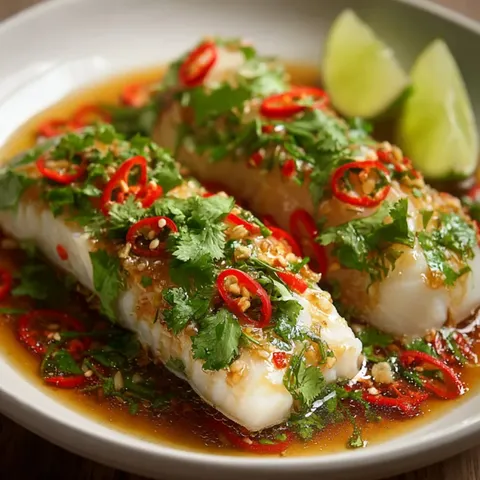 A plate of food with fish and peppers.