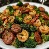 A plate of food with shrimp, sausage, and broccoli.