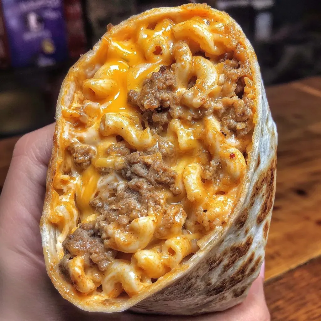 A hand holding a burrito with macaroni and cheese.