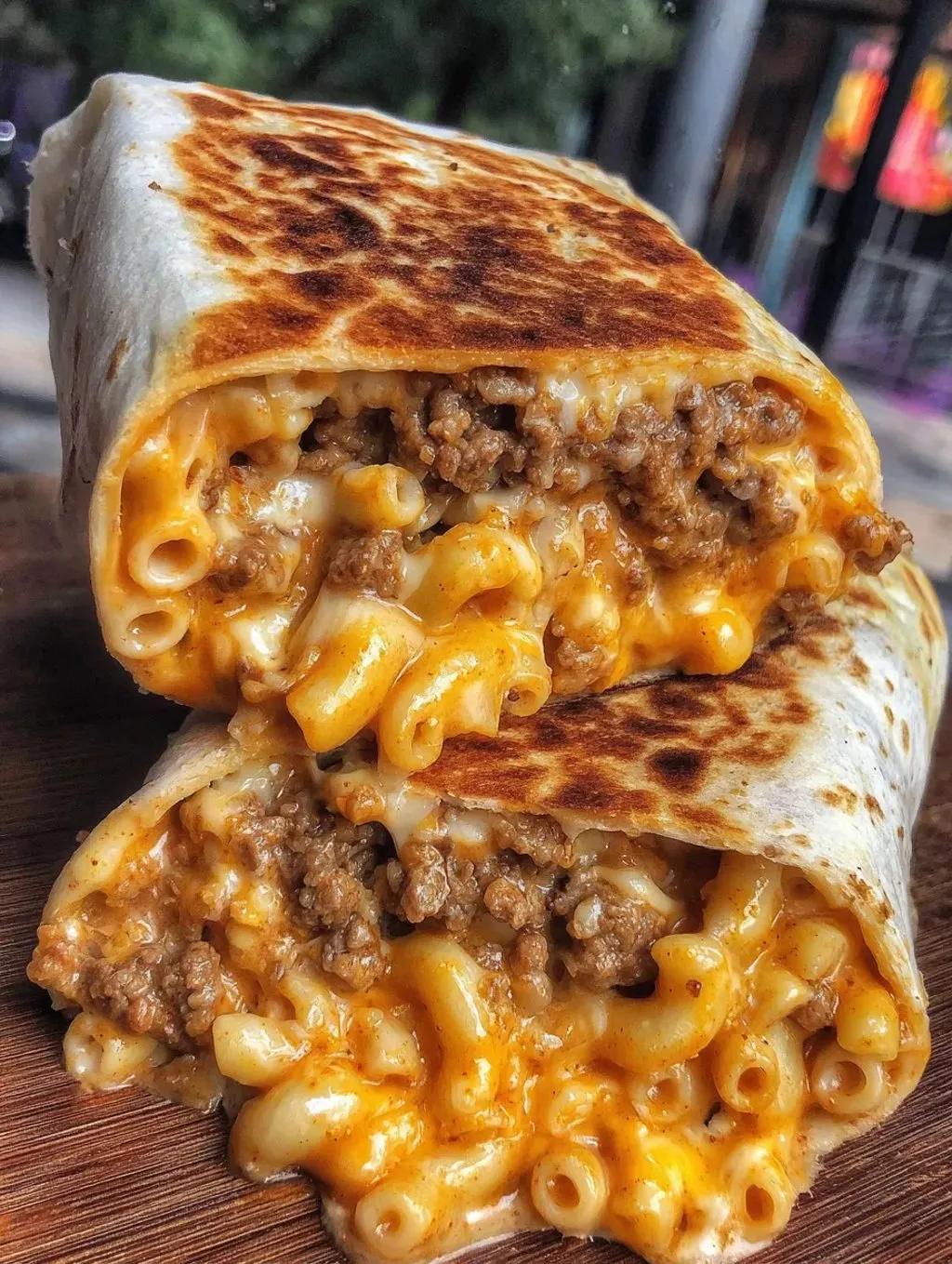 A burrito with macaroni and cheese.