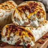 A chicken burrito with bacon and cheese.