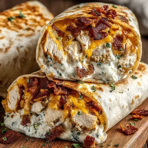 A chicken burrito with bacon and cheese.