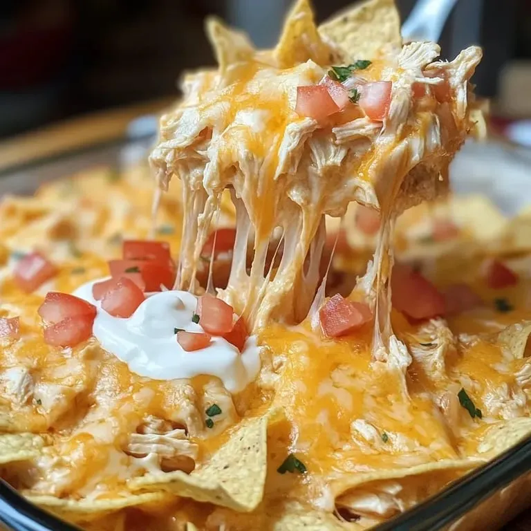 A plate of nachos with cheese and tomatoes.