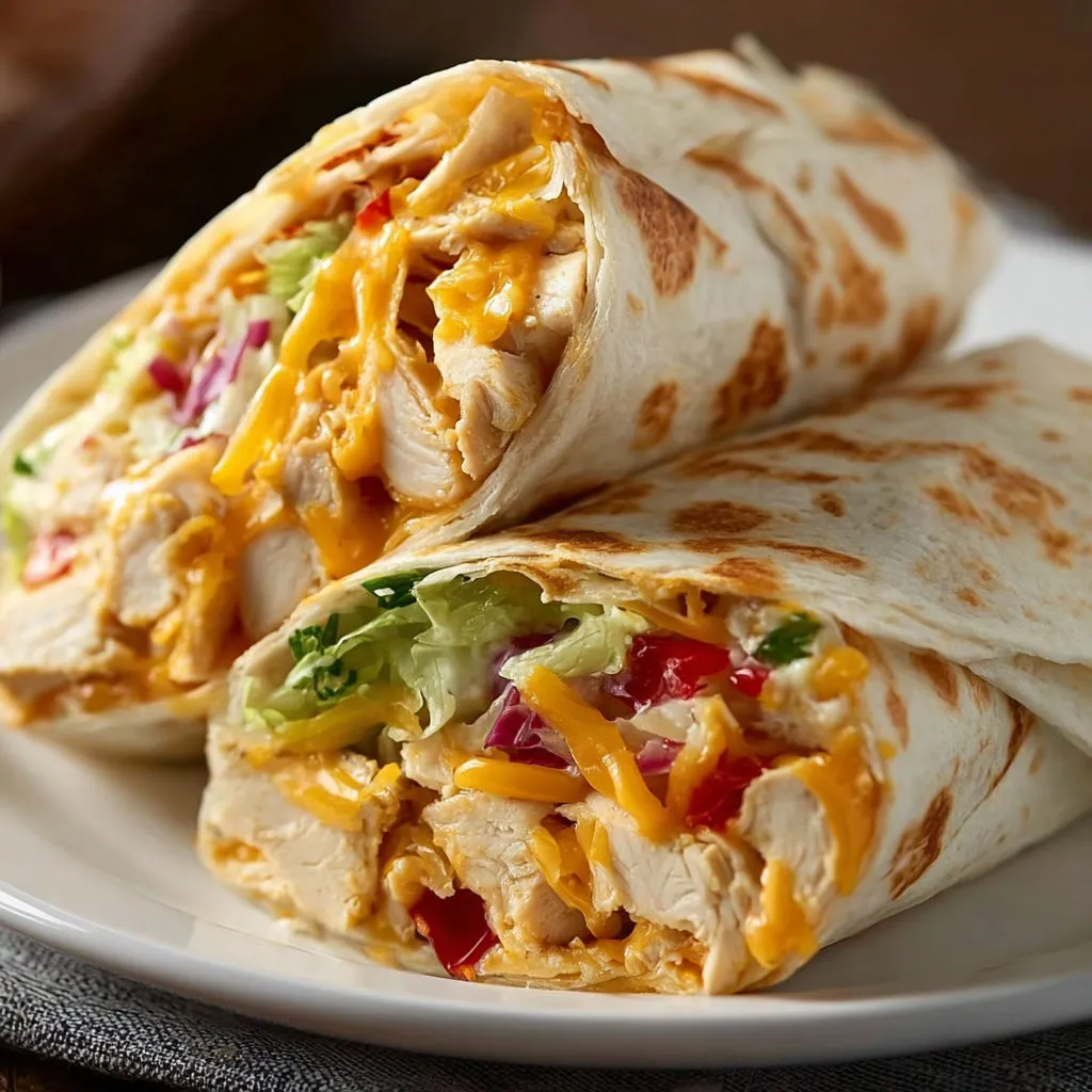 A plate with two chicken wraps.