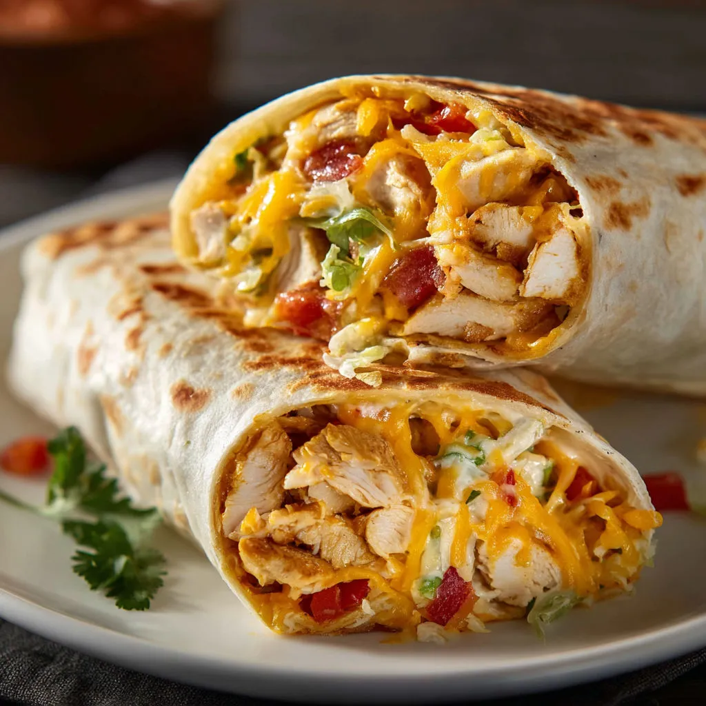 A plate with two chicken burritos.
