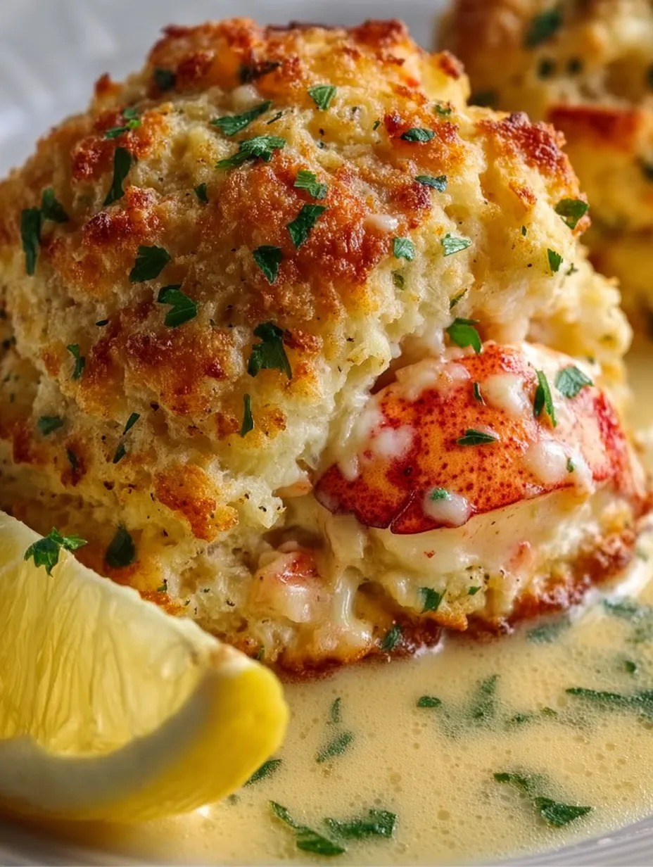 A lemon wedge is placed on a plate with a lobster tail and biscuit.