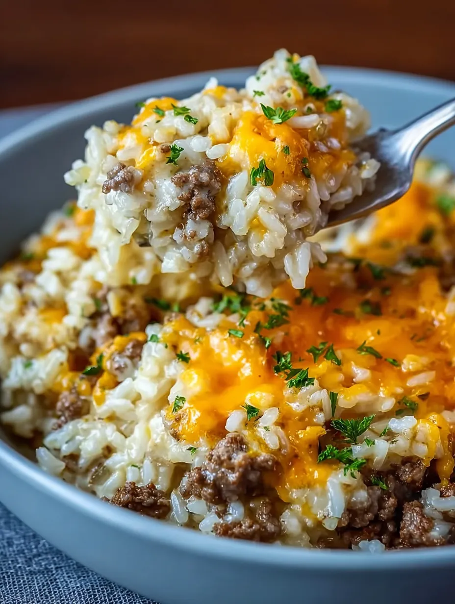 A bowl of rice with cheese and meat.