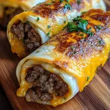A burrito with meat and cheese on a wooden table.