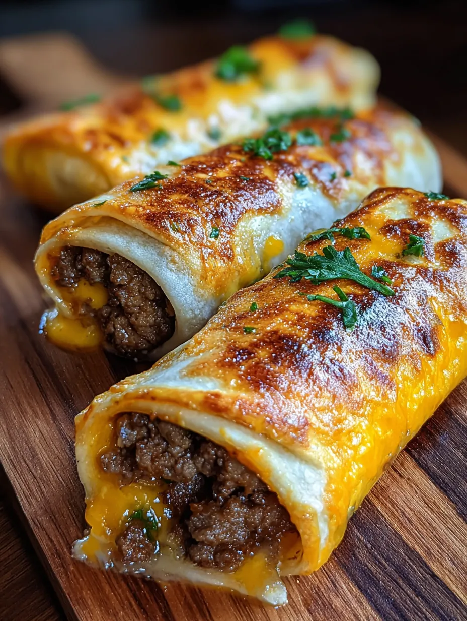 Two burritos with cheese and meat on a wooden table.