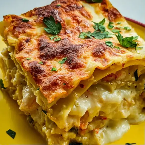 A stack of lasagna on a plate.