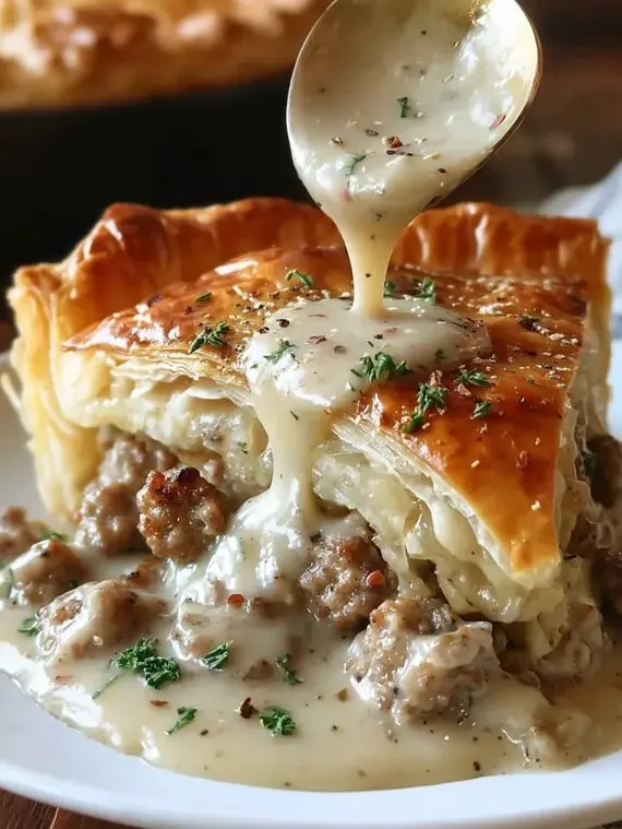 A pastry with cheese and meat on top.