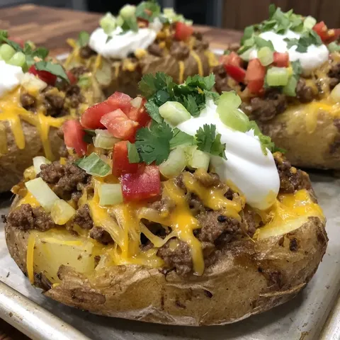 Two baked potatoes with sour cream and cheese on top.