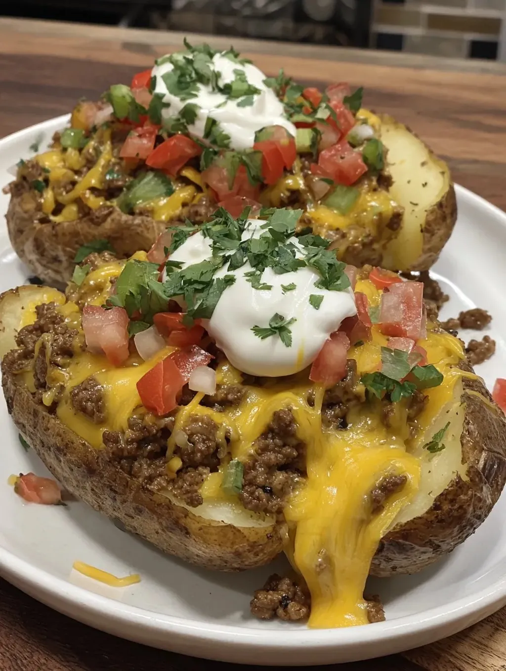 Two baked potatoes with sour cream and chives on top.
