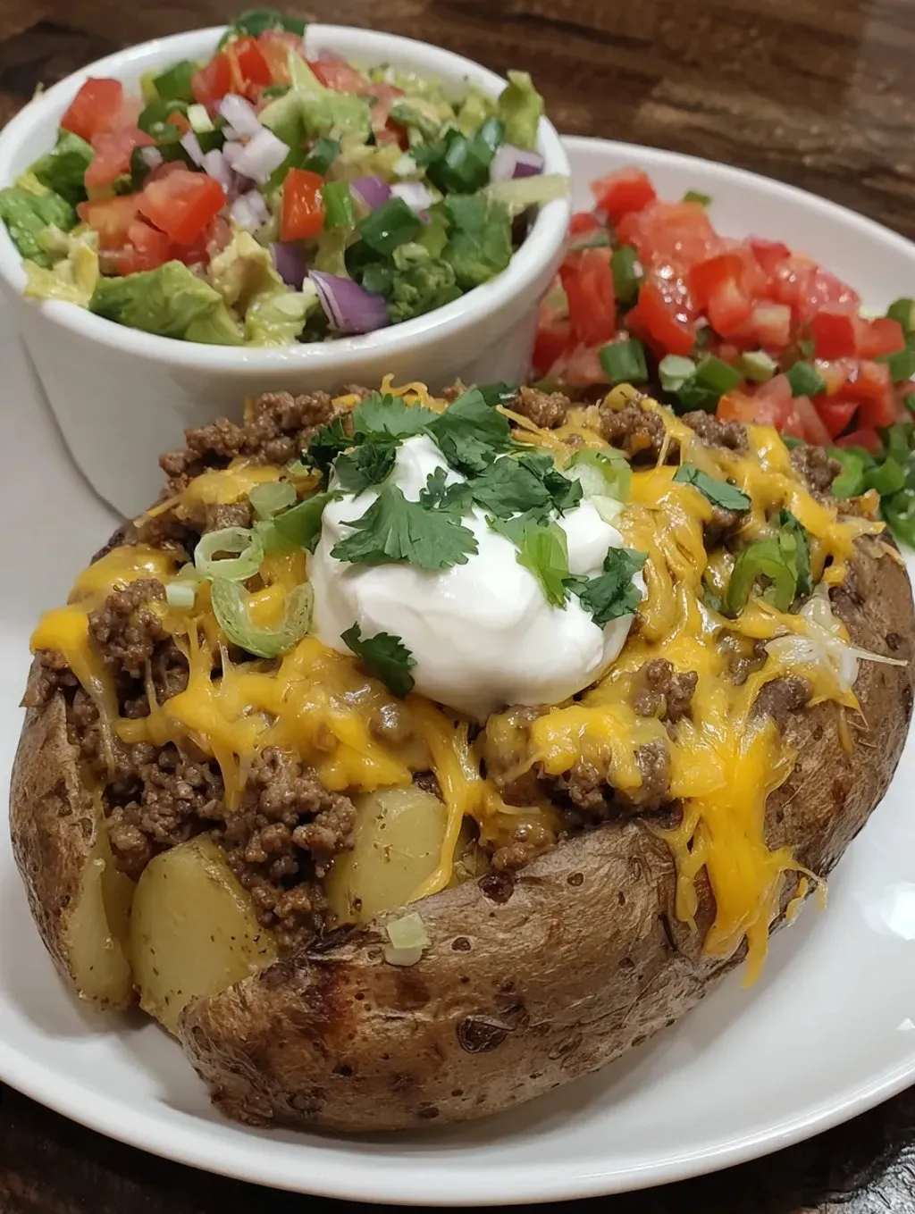 A plate of food with a potato, tomatoes, lettuce, and sour cream.