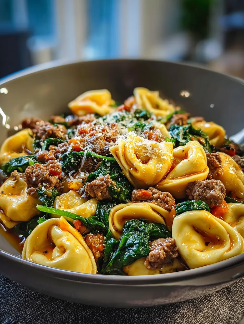 A bowl of pasta with meat and spinach.