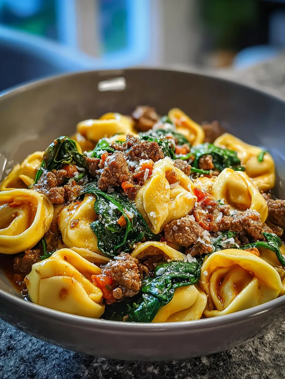 A bowl of pasta with meat and spinach.